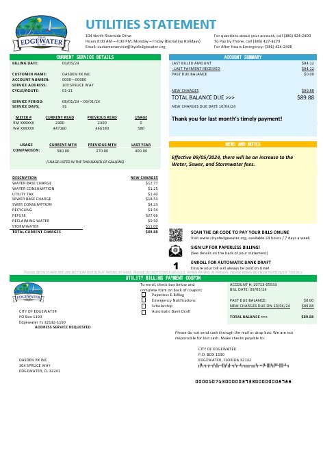 USA Florida City of Edgewater business utility bill template in Word and PDF formats